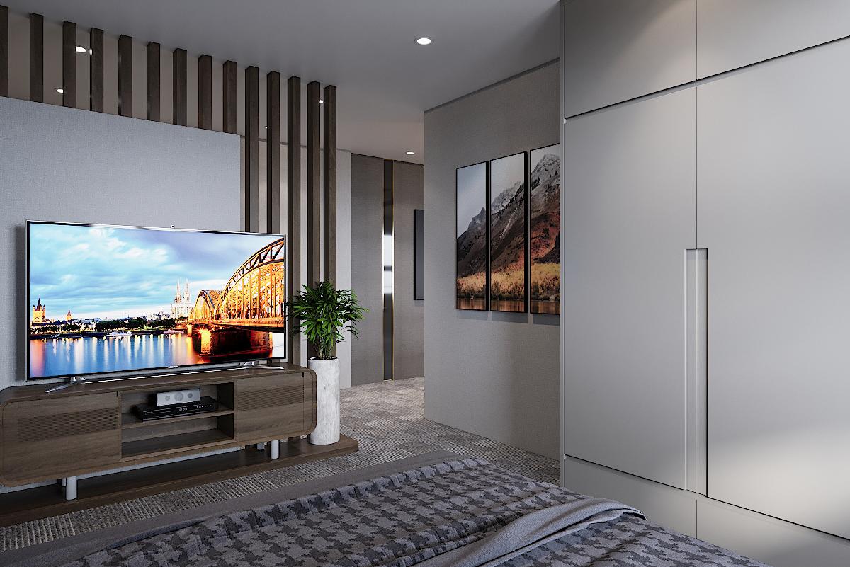 Bộ tranh phong cảnh treo tường, lam gỗ, chậu cây xanh mát là những chi tiết tạo điểm nhấn sinh động, hút mắt cho không gian chức năng này.