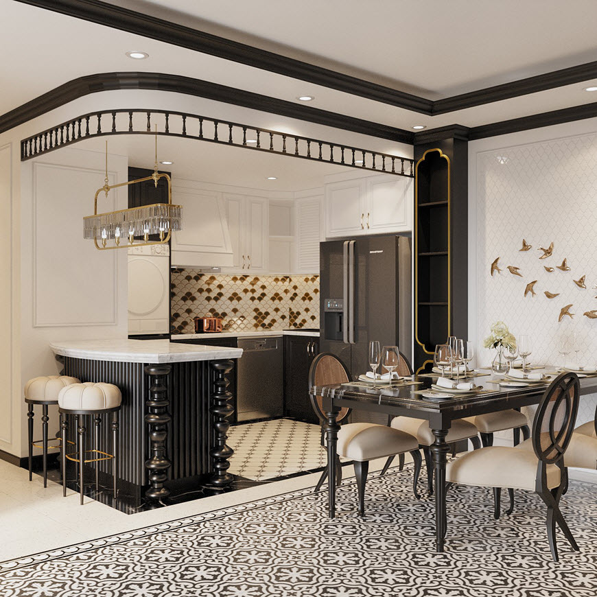 Căn bếp chữ U với đủ đầy tiện ích hiện đại. Bar nhỏ kiêm góc ăn sáng cho hai người. Tủ bếp màu trắng đánh lừa thị giác, khiến không gian nấu nướng như thoáng rộng hơn.