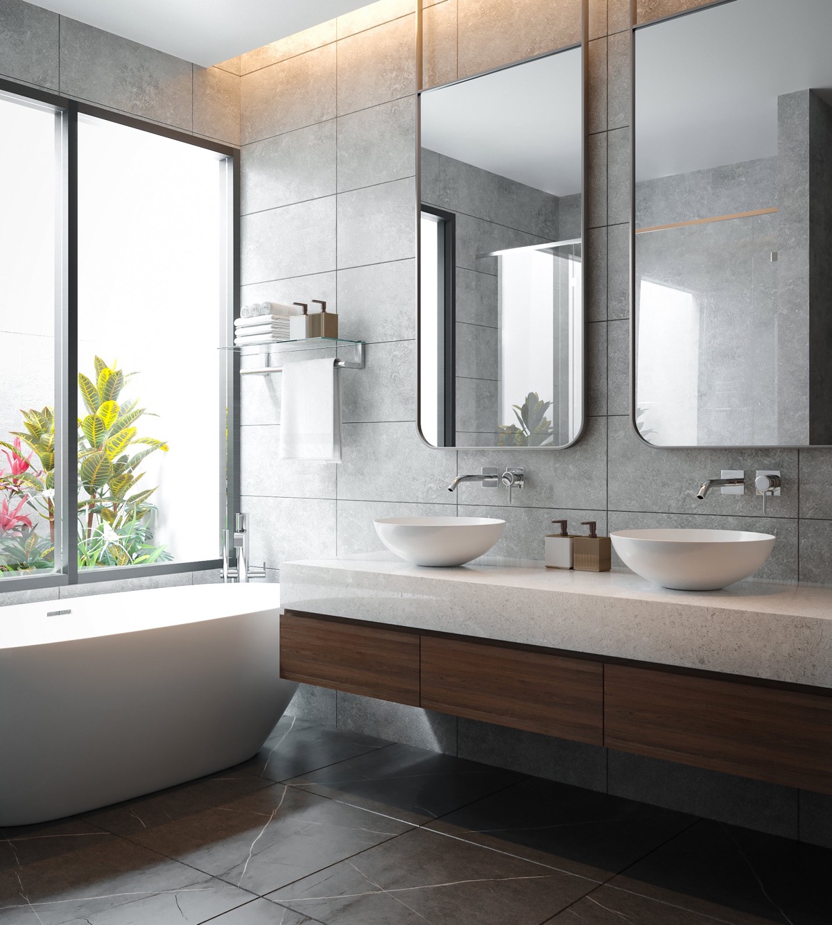 Cặp gương ph&ograve;ng tắm cao kịch trần, nơi đ&egrave;n LED bổ sung &aacute;nh s&aacute;ng ấm &aacute;p.