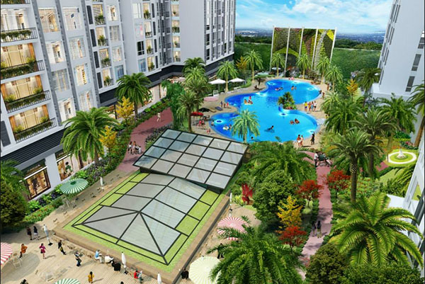 khuôn viên bể bơi, đường dạo bộ, cây xanh trong khuôn viên chung cư
