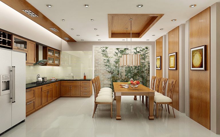 Mẫu thiết kế nội thất ph&ograve;ng bếp kết hợp ph&ograve;ng ăn ấm c&uacute;ng với cửa mở ra khoảng tho&aacute;ng ph&iacute;a sau nh&agrave; gi&uacute;p căn ph&ograve;ng lu&ocirc;n tho&aacute;ng đ&atilde;ng.