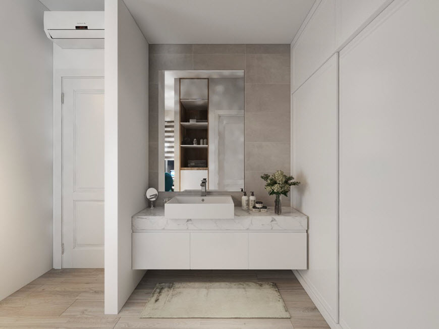 Ph&ograve;ng vệ sinh trong căn hộ 93m2 được thiết kế theo phong c&aacute;ch tối giản, đủ đầy c&aacute;c tiện nghi hiện đại, đ&aacute;p ứng nhu cầu sinh hoạt h&agrave;ng ng&agrave;y.