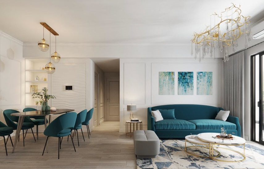 ph&ograve;ng kh&aacute;ch liền kề ph&ograve;ng ăn với ghế sofa v&agrave; ghế ăn đều t&ocirc;ng m&agrave;u xanh biển