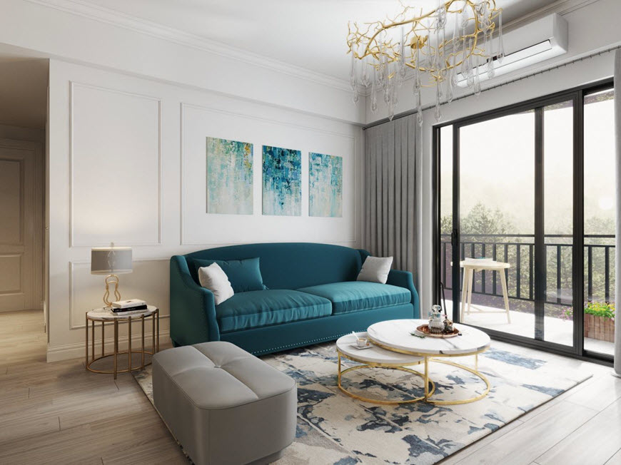 ph&ograve;ng kh&aacute;ch căn hộ 93m2 với ghế sofa m&agrave;u xanh lam