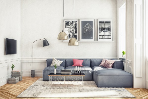 ph&ograve;ng kh&aacute;ch Bắc &Acirc;u với sofa m&agrave;u x&aacute;m đen, ghế tựa m&agrave;u hồng nổi bật
