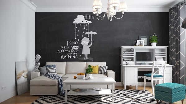 Bức tường điểm nhấn m&agrave;u đen tuyền tạo sự kh&aacute;c biệt, độc đ&aacute;o cho ph&ograve;ng kh&aacute;ch Scandinavian. Nội thất m&agrave;u trắng x&aacute;m gi&uacute;p c&acirc;n bằng bảng m&agrave;u hiệu quả.