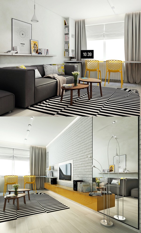 Đ&acirc;y l&agrave; một c&aacute;ch kh&aacute;c để sử dụng m&agrave;u v&agrave;ng s&aacute;ng thời thượng cho ph&ograve;ng kh&aacute;ch Scandinavian, mang lại cảm gi&aacute;c trẻ trung năng động.