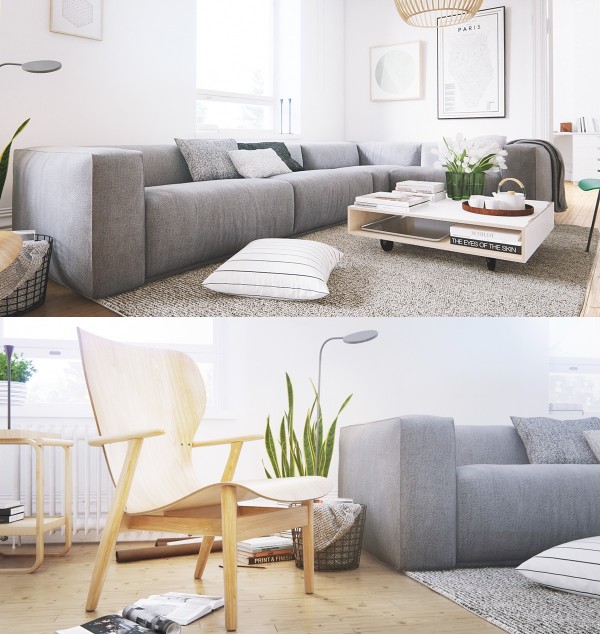T&ocirc;ng m&agrave;u x&aacute;m - trắng v&agrave; gỗ s&aacute;ng kết hợp h&agrave;i h&ograve;a tạo n&ecirc;n vẻ đẹp tinh tế, thanh lịch cho kh&ocirc;ng gian ph&ograve;ng kh&aacute;ch phong c&aacute;ch Bắc &Acirc;u.