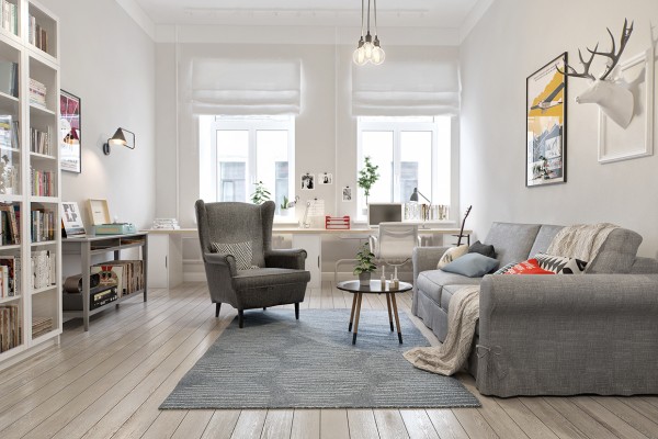 Mẫu thiết kế ph&ograve;ng kh&aacute;ch hiện đại đậm chất Scandinavian với bảng m&agrave;u trắng - x&aacute;m chủ đạo kết hợp c&ugrave;ng &aacute;nh s&aacute;ng tự nhi&ecirc;n ngập tr&agrave;n.
