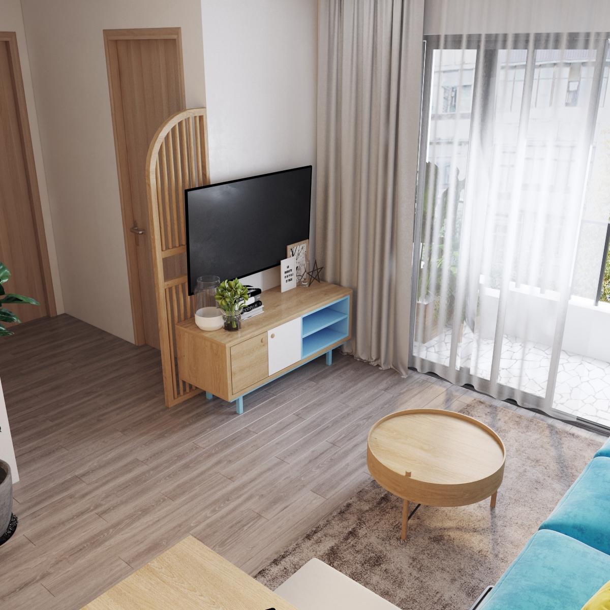 Tủ kệ tivi nhỏ gọn, được thiết kế đồng bộ với b&agrave;n c&agrave; ph&ecirc; v&agrave; b&agrave;n ăn tạo tổng thể h&agrave;i h&ograve;a cho ph&ograve;ng kh&aacute;ch căn hộ 70m2.