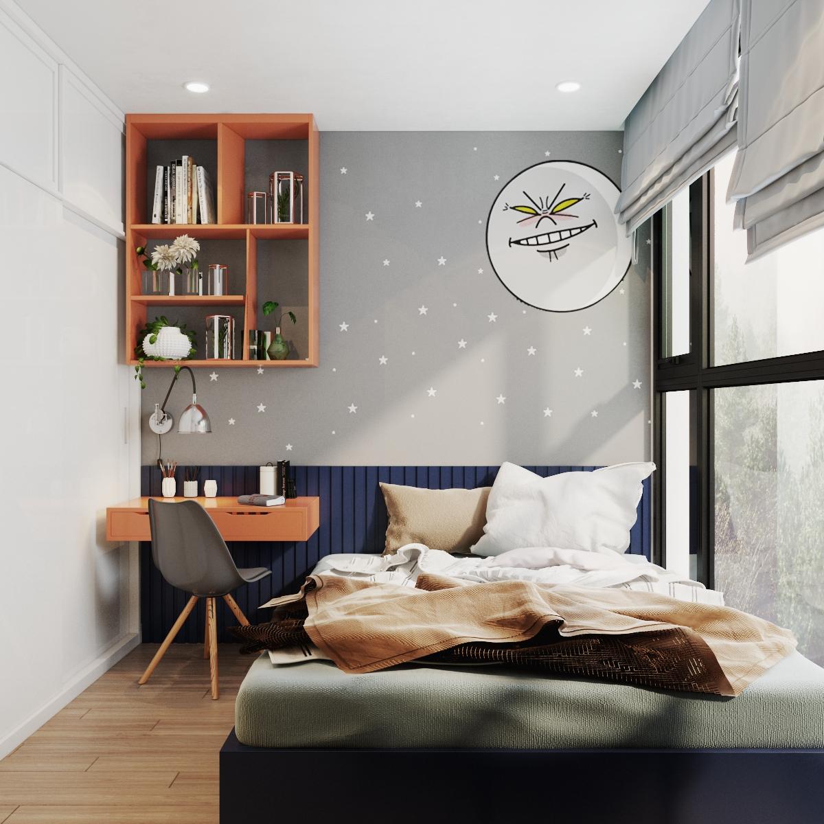 Ph&ograve;ng ngủ thứ hai được thiết kế v&agrave; trang tr&iacute; trẻ trung, năng động hơn. G&oacute;c l&agrave;m việc tiện dụng được t&iacute;ch hợp gọn g&agrave;ng trong ph&ograve;ng ngủ.