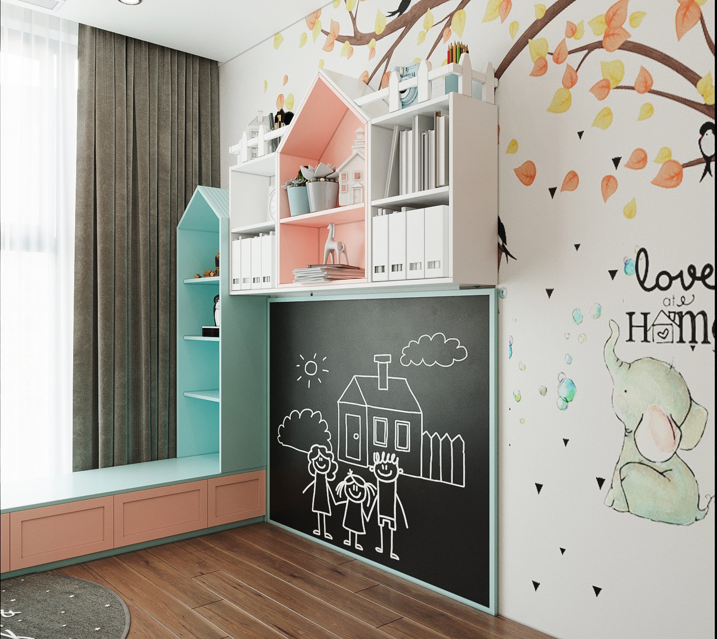 Bức tường điểm nhấn l&agrave;m s&aacute;ng bừng cả căn ph&ograve;ng. Bảng đen cho b&eacute; thỏa sức thể hiện &yacute; tưởng, tr&iacute; tưởng tượng phong ph&uacute; của m&igrave;nh.