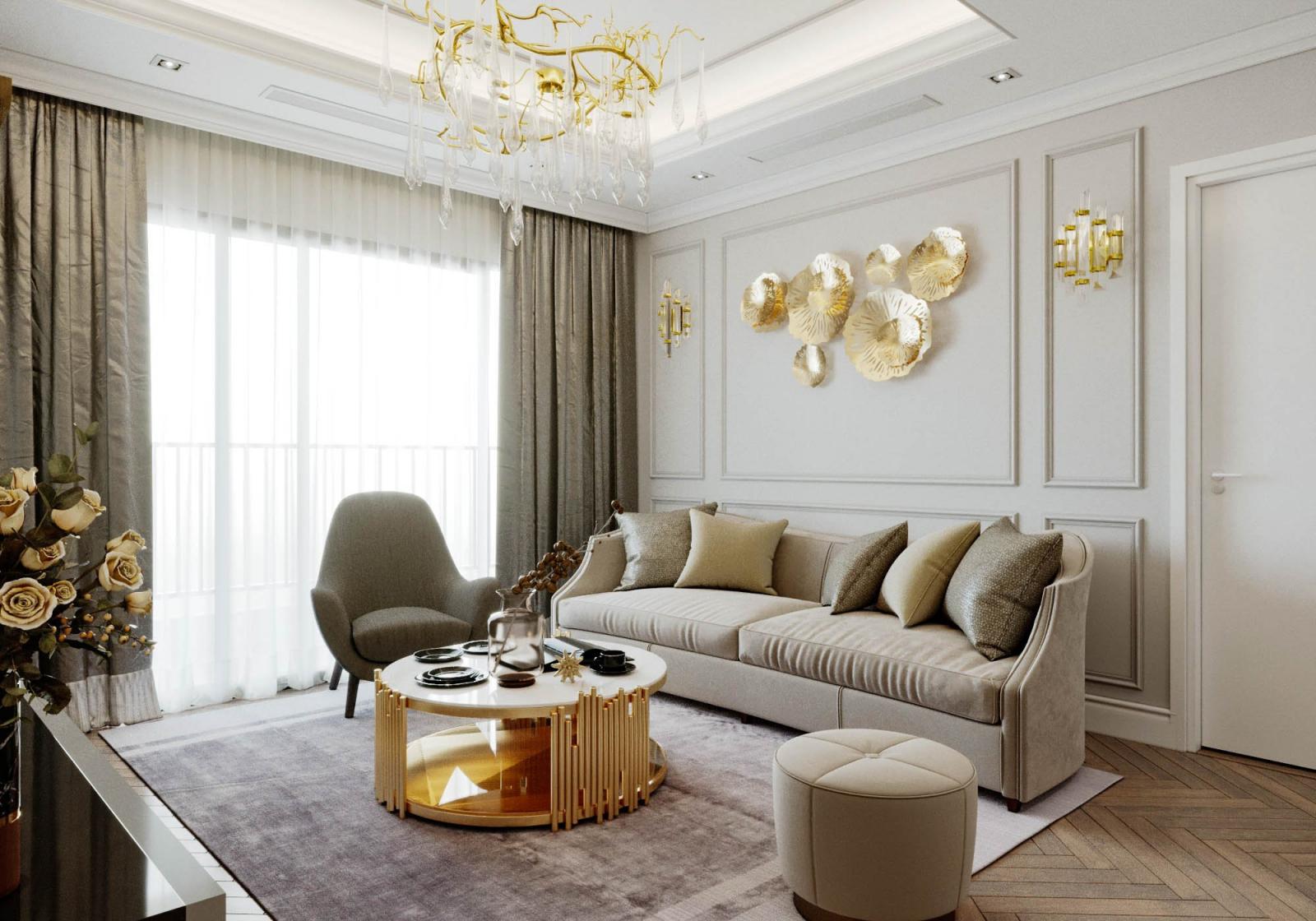 ph&ograve;ng kh&aacute;ch căn hộ 93m2 phong c&aacute;ch t&acirc;n cổ điển, m&agrave;u trung t&iacute;nh chủ đạo