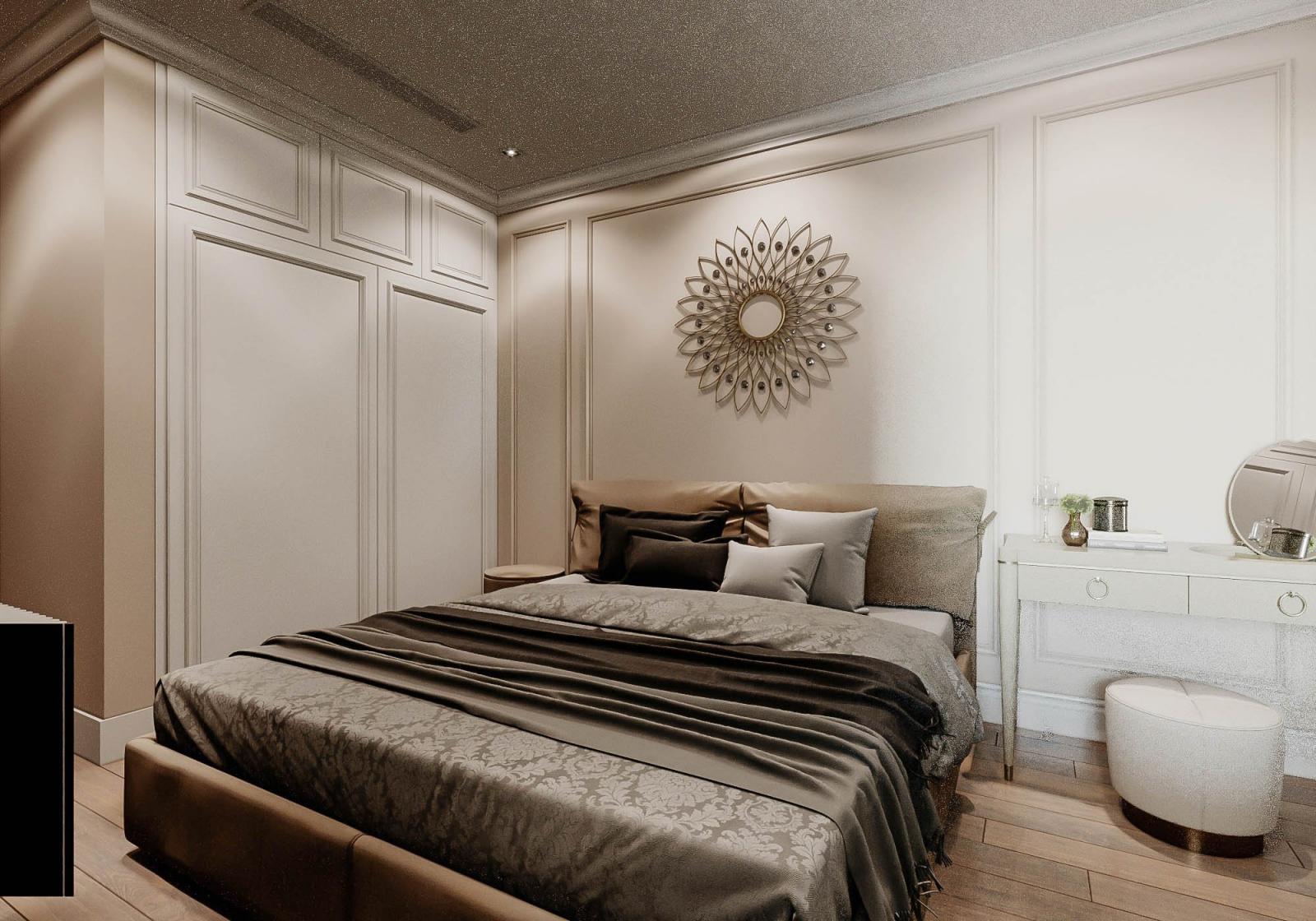 Điểm nhấn decor gần như duy nhất trong ph&ograve;ng ngủ ch&iacute;nh l&agrave; m&oacute;n đồ trang tr&iacute; đầu giường cực bắt mắt, h&agrave;i h&ograve;a với tổng thể căn ph&ograve;ng.