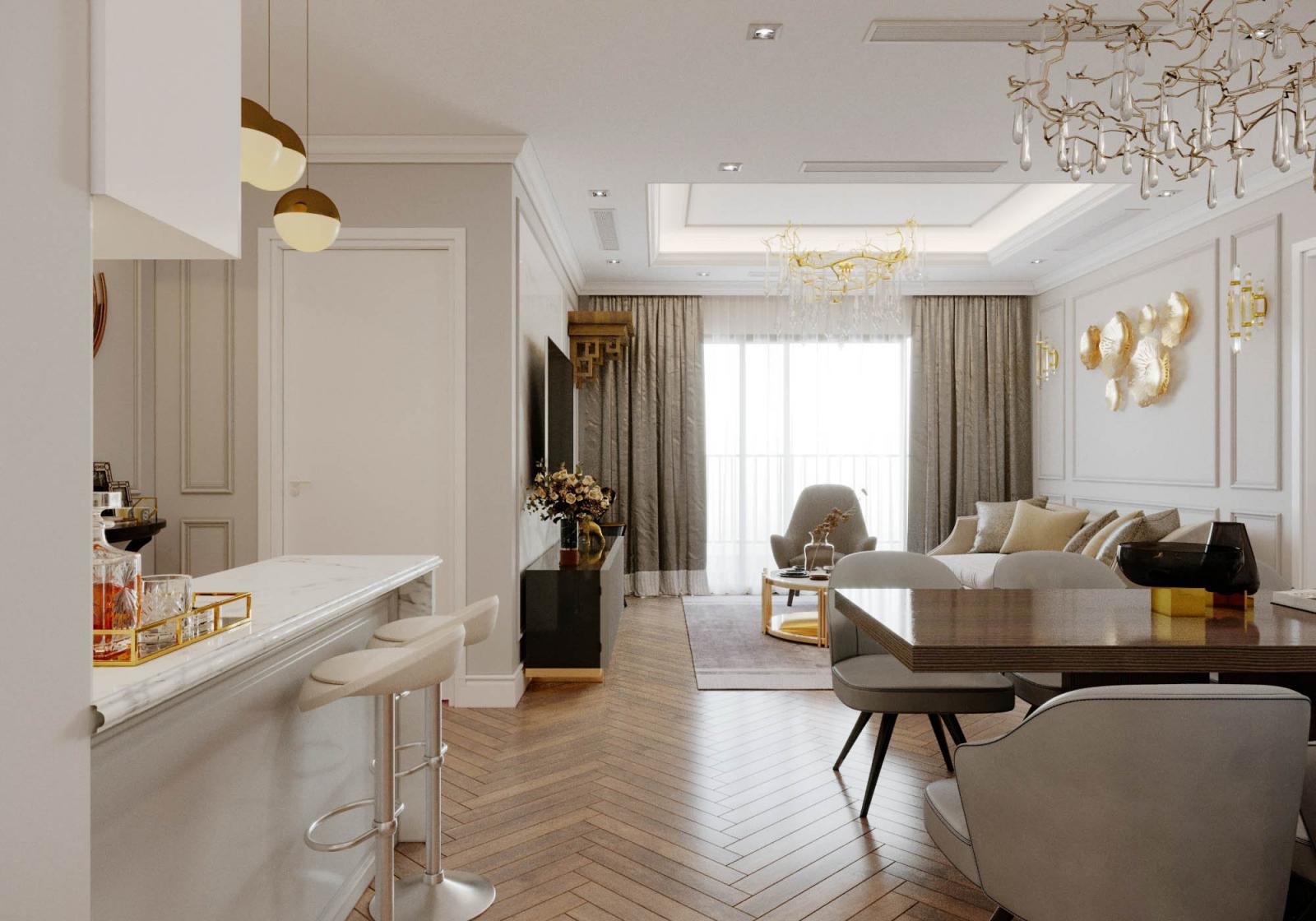 Kh&ocirc;ng gian tiếp kh&aacute;ch, khu bếp v&agrave; ph&ograve;ng ăn được ph&acirc;n chia hợp l&yacute;, đảm bảo sự thuận tiện trong sinh hoạt h&agrave;ng ng&agrave;y.