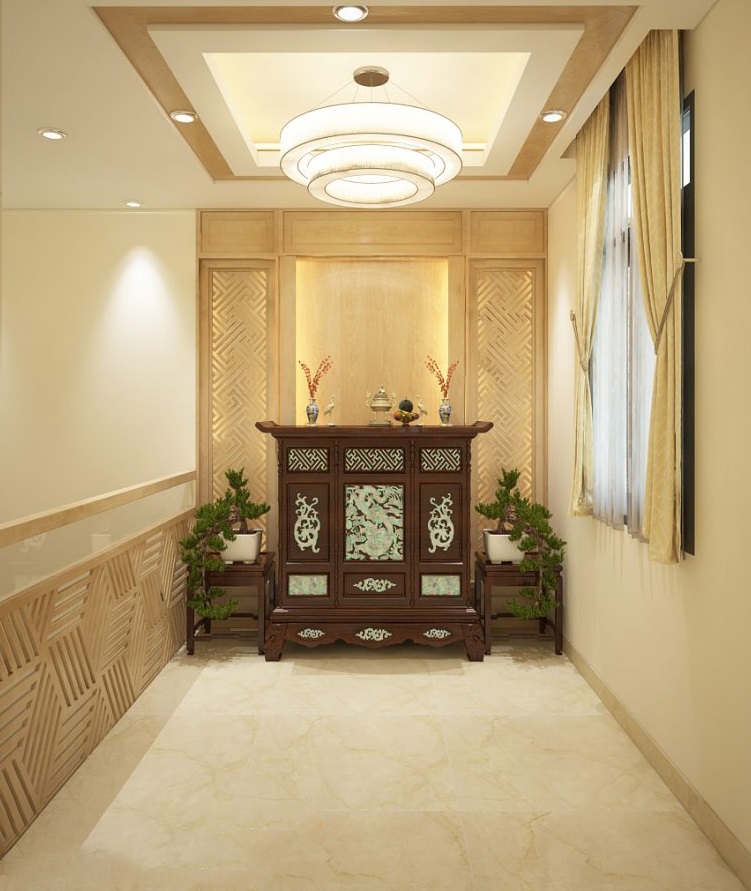 Mẫu phòng thờ bài trí đối xứng hài hòa. Cửa sổ kính mở ra ngoài giúp căn phòng luôn thông thoáng và nhận đủ ánh sáng tự nhiên.