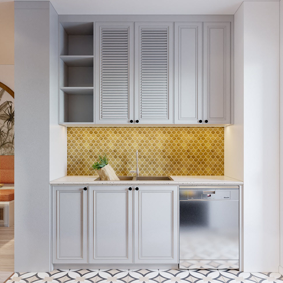 Khu vực bồn rửa được thiết kế đồng bộ với bếp nấu.