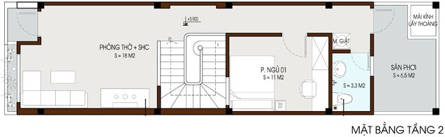 Mặt bằng chức năng tầng 2 nhà ống