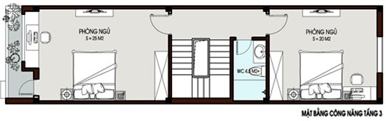 Mặt bằng tầng 3 nh&agrave; ống gồm ph&ograve;ng ngủ master, ph&ograve;ng ngủ con g&aacute;i, ph&ograve;ng vệ sinh chung.