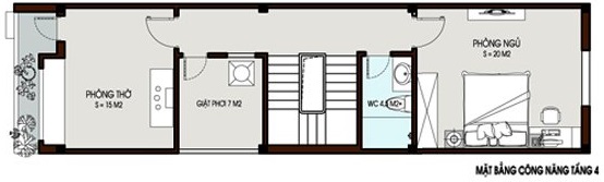 Mặt bằng tầng 4 nh&agrave; ống gồm ph&ograve;ng ngủ con trai, ph&ograve;ng thờ, vệ sinh, khu giặt phơi.