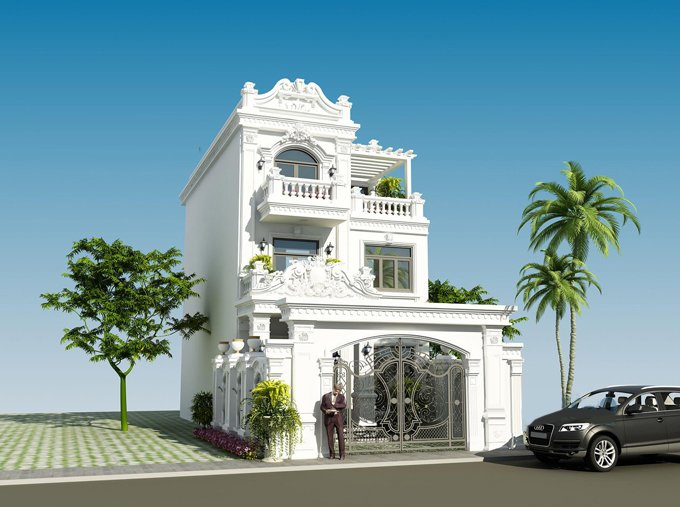 Phối cảnh 3D mẫu biệt thự phố 3 tầng phong cách tân cổ điển