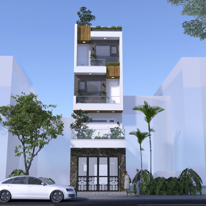Phối cảnh 3D mẫu nh&agrave; ống 4 tầng phong c&aacute;ch hiện đại