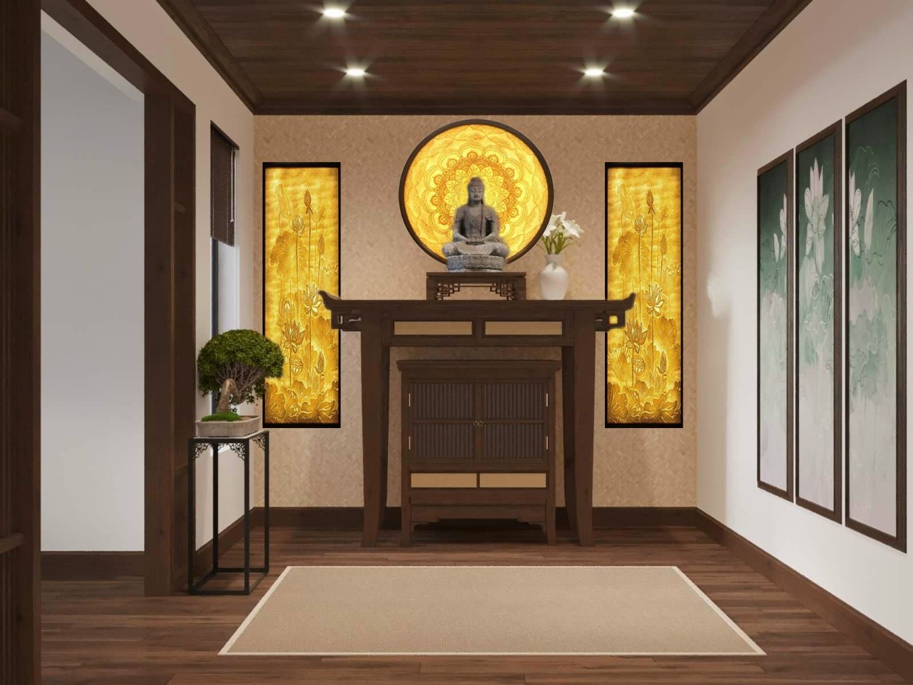 Phòng thờ thoáng gọn, bài trí trang nghiêm theo lối đối xứng hài hòa.