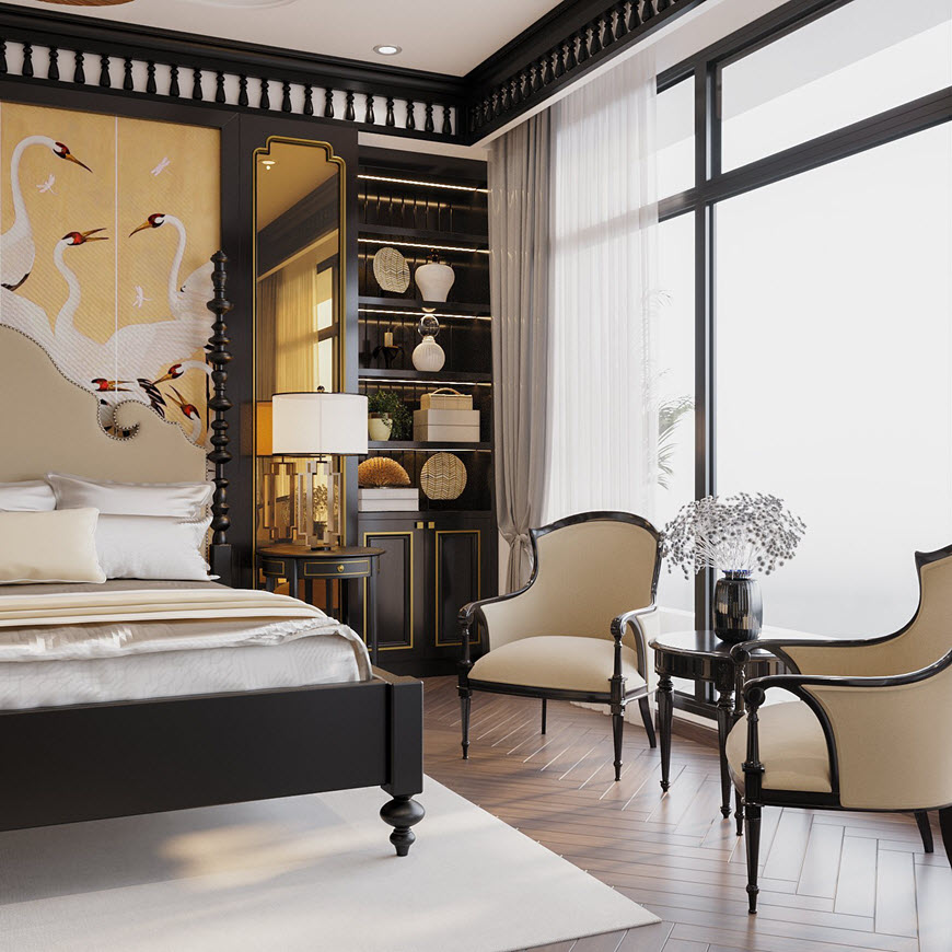 Phòng ngủ đủ chỗ để kê bộ bàn ghế nhỏ gọn làm nơi đọc sách, thư giãn.