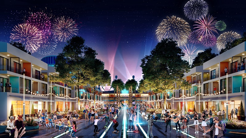 Phối cảnh kh&ocirc;ng gian s&ocirc;i động về đ&ecirc;m tại phố đi bộ Fiesta (Ảnh: ph&acirc;n khu Shop Villas Đại lộ Fiesta).
