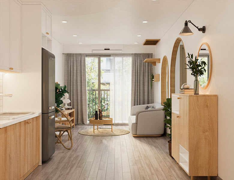 Trong căn hộ nhỏ 51m2, không gian sinh hoạt chung được thiết kế liên thông, liền mạch với thật nhiều ánh sáng tự nhiên ấm áp, tạo cảm giác an yên.