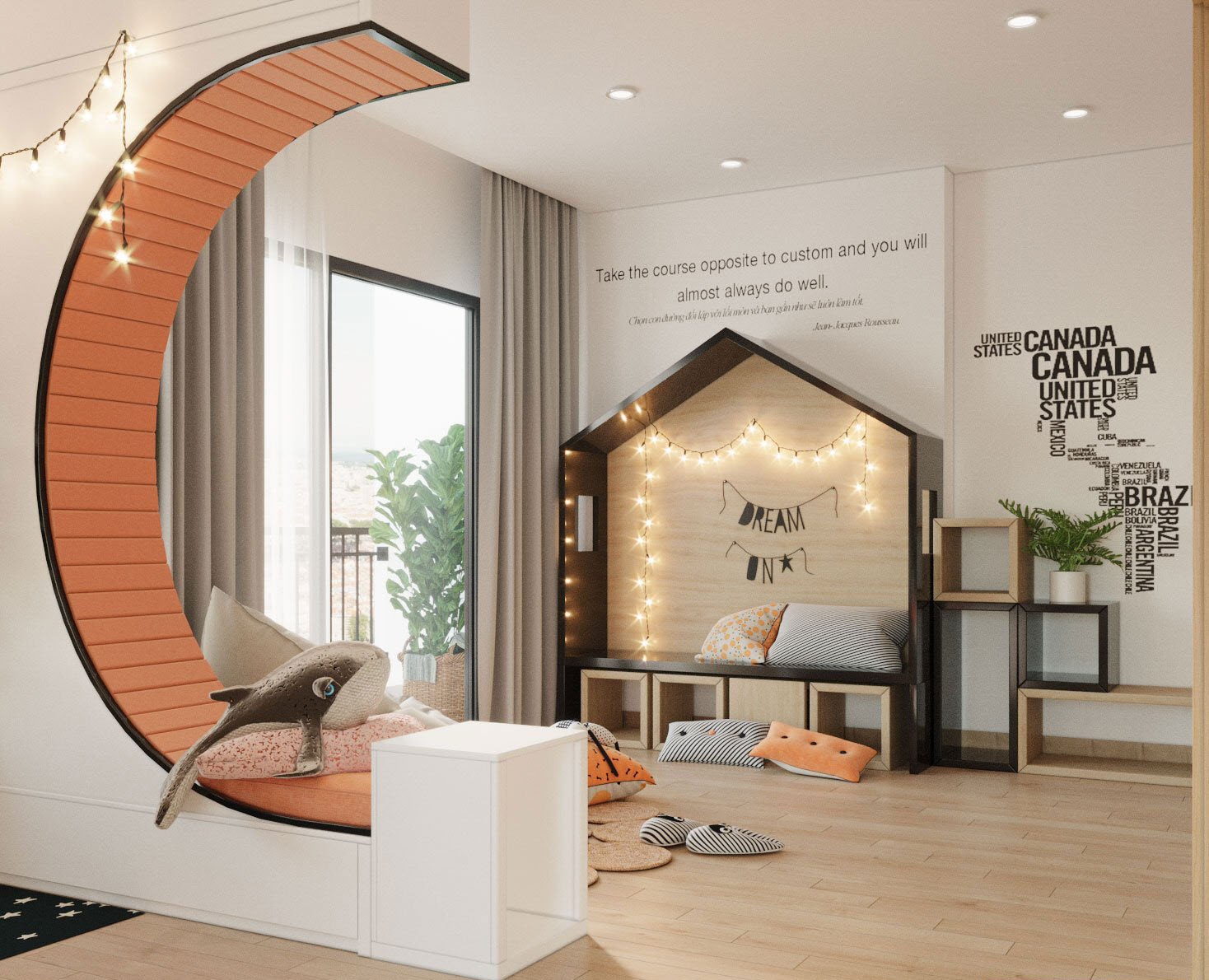 Tranh tường và những câu slogan ý nghĩa là điểm nhấn xuyên suốt căn hộ này. Bức tường lửng hình trăng khuyết phá cách hút mọi ánh nhìn.
