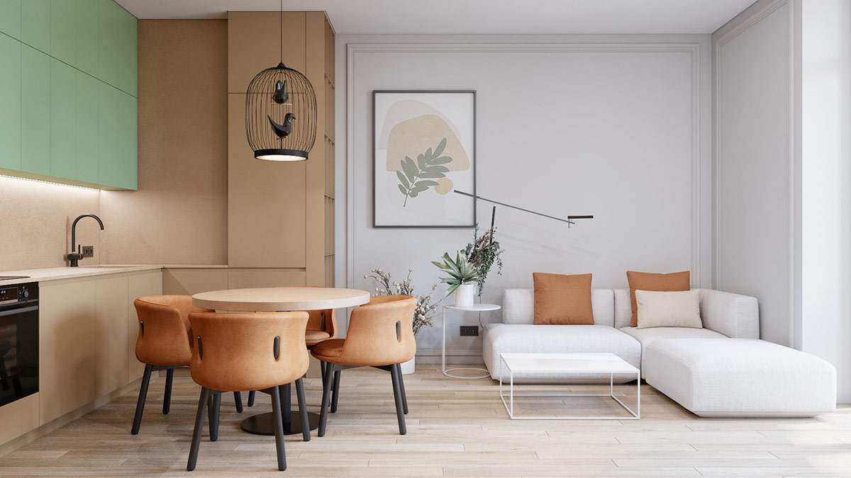Gối tựa m&agrave;u cam đất tạo điểm nhấn ấm &aacute;p cho ghế sofa m&agrave;u trắng. Tương tự, bộ ghế ăn bọc đệm m&agrave;u cam gi&uacute;p ph&acirc;n v&ugrave;ng r&otilde; r&agrave;ng cho khu vực ăn uống trong kh&ocirc;ng gian mở.