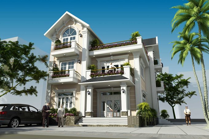Phối cảnh 3D mẫu biệt thự 3 tầng m&aacute;i Th&aacute;i hiện đại