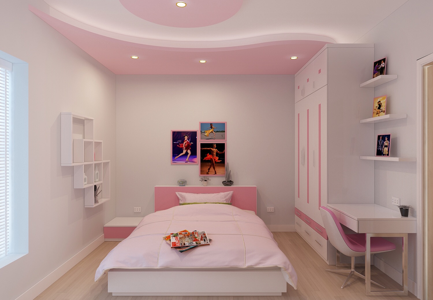 Kh&ocirc;ng gian ri&ecirc;ng tư d&agrave;nh cho c&ocirc; con g&aacute;i. Giường, tủ quần &aacute;o, b&agrave;n học, gi&aacute; s&aacute;ch liền tường gi&uacute;p tối ưu h&oacute;a diện t&iacute;ch sử dụng.