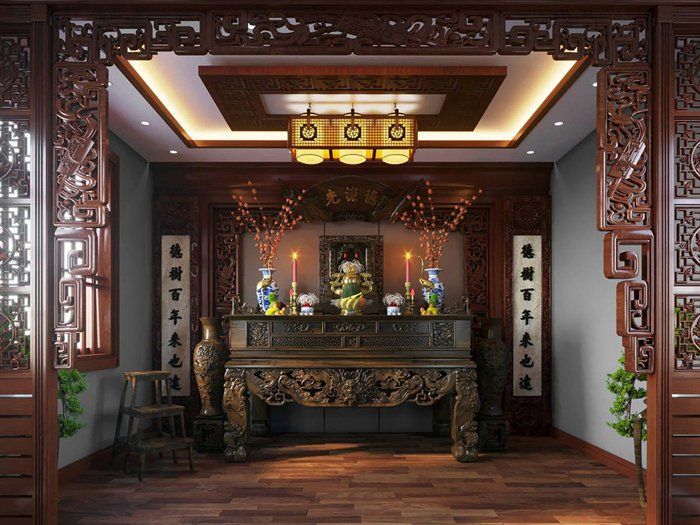 Ph&ograve;ng thờ t&iacute;ch hợp trong ph&ograve;ng kh&aacute;ch, sử dụng nội thất gỗ tự nhi&ecirc;n ấm &aacute;p theo phong c&aacute;ch truyền thống. Cửa sổ mở ra ngo&agrave;i đảm bảo độ tho&aacute;ng cho căn ph&ograve;ng.