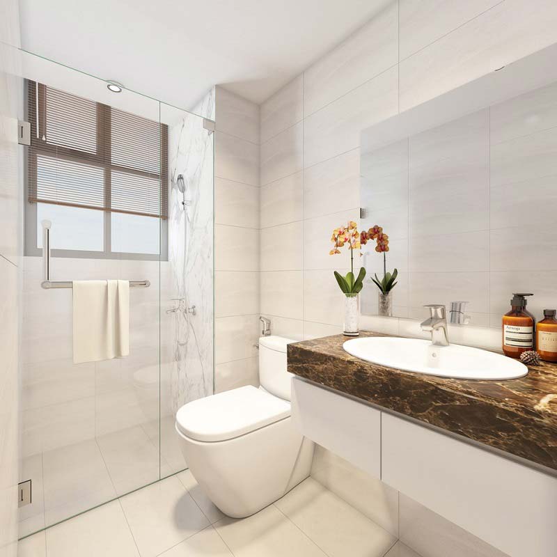 Trong nh&agrave; ống 4 tầng kết hợp kinh doanh, ph&ograve;ng tắm v&agrave; vệ sinh được ph&acirc;n t&aacute;ch bởi v&aacute;ch k&iacute;nh trong suốt, đảm bảo sự th&ocirc;ng tho&aacute;ng, sạch sẽ cho từng khu vực chức năng.