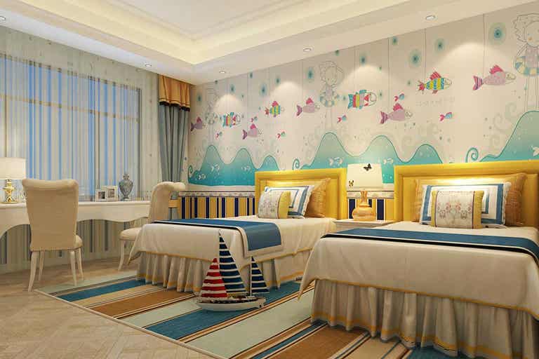 Phòng ngủ trẻ em với giường đôi, tranh tường đáng yêu