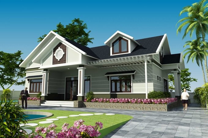 Phối cảnh 3D mẫu nhà vườn 1 tầng mái Thái