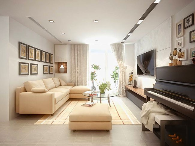 Phòng khách nhà vườn 1 tầng ngập tràn ánh sáng tự nhiên. Bộ ghế sofa màu be sữa tạo điểm nhấn thanh lịch, hiện đại.