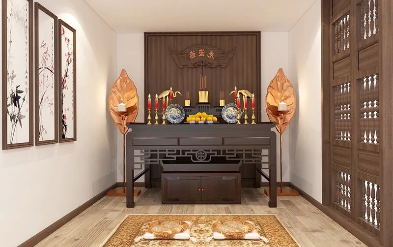 Không gian phòng thờ thiết kế đơn giản, thoáng gọn, đảm bảo tính trang nghiêm cần có.