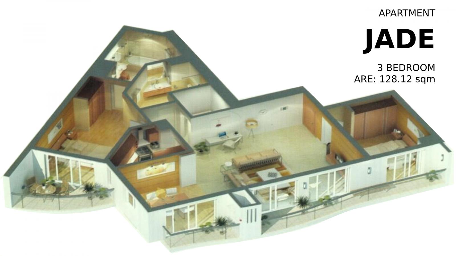 Phối cảnh mặt bằng nội thất căn hộ 3 ph&ograve;ng ngủ