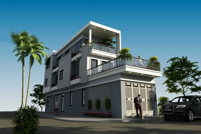 Phối cảnh 3D mẫu nhà ống 3 tầng 5 phòng ngủ tiện nghi Phối cảnh 3D mẫu nhà ống 3 tầng 5 phòng ngủ tiện nghi
