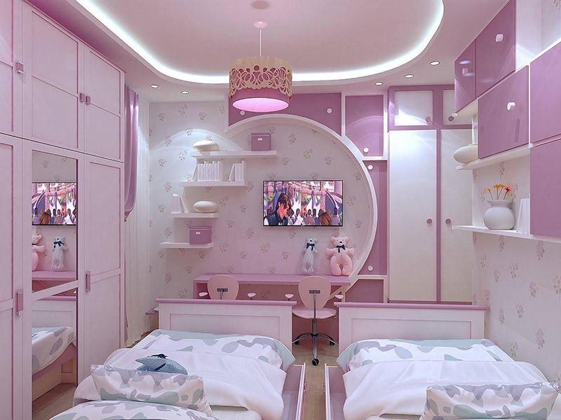 Mẫu phòng ngủ cho con gái với hai giường đơn Phòng ngủ với hai giường đơn dành cho hai con gái. Tông màu hồng tím oải hương mang lại vẻ nữ tính, lãng mạn cho căn phòng.
