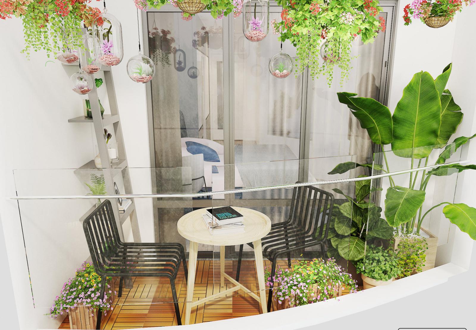 Ban c&ocirc;ng nhỏ xinh y&ecirc;u, ngập tr&agrave;n c&acirc;y hoa.