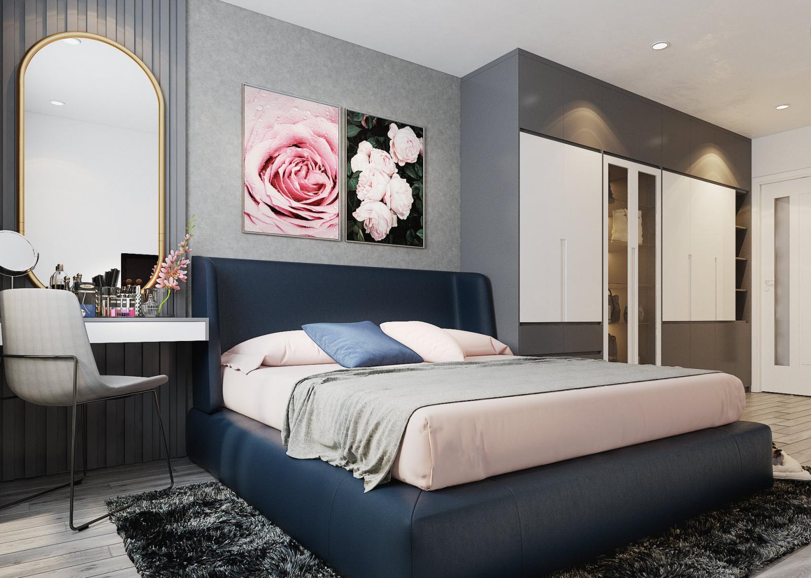 to&agrave;n cảnh ph&ograve;ng ngủ master với gương bầu dục, tranh tường hoa hồng