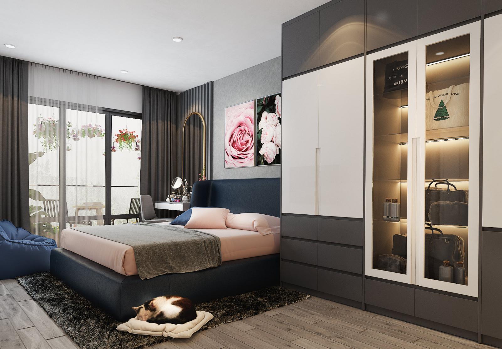 Tủ quần &aacute;o v&agrave; phụ kiện với một nửa l&agrave; cửa k&iacute;nh trong suốt kết hợp đ&egrave;n LED trang tr&iacute; c&agrave;ng l&agrave;m tăng th&ecirc;m vẻ sang trọng cho căn ph&ograve;ng.