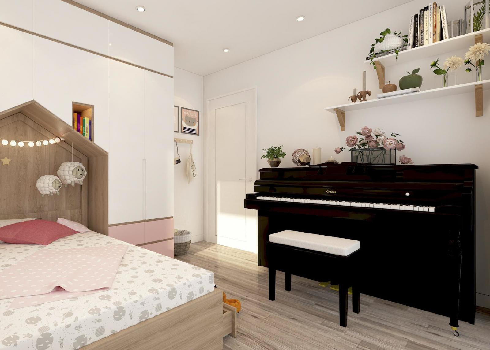Ph&ograve;ng ngủ con g&aacute;i đủ rộng để t&iacute;ch hợp th&ecirc;m g&oacute;c thư gi&atilde;n, giải tr&iacute; với đ&agrave;n piano.