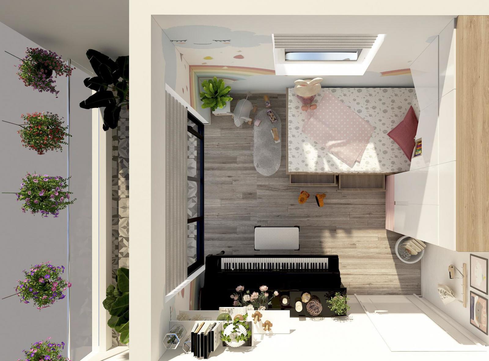 To&agrave;n cảnh ph&ograve;ng ngủ d&agrave;nh cho con g&aacute;i nh&igrave;n từ tr&ecirc;n cao.