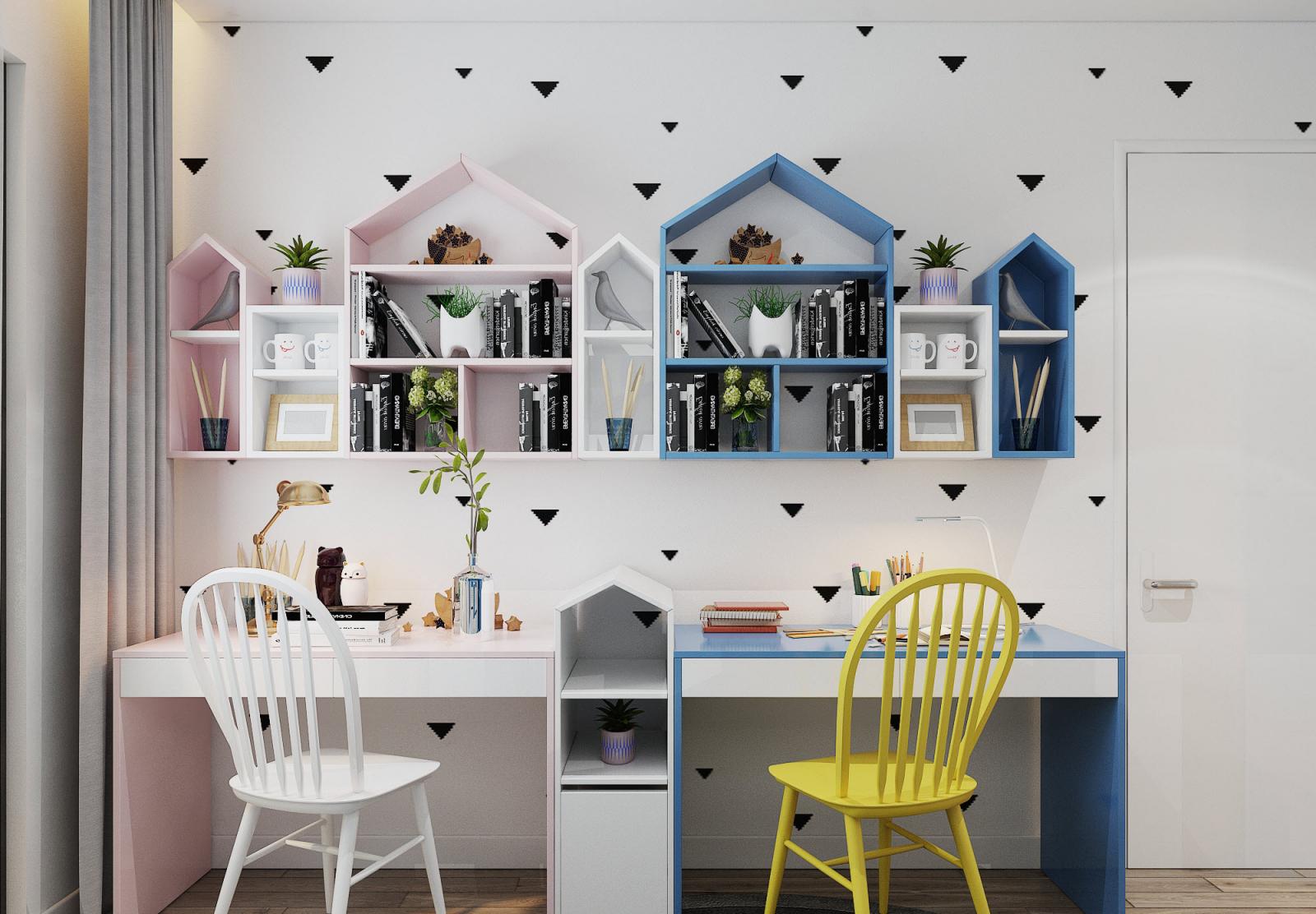 B&agrave;n học v&agrave; gi&aacute; s&aacute;ch cho hai b&eacute; kiểu h&igrave;nh ng&ocirc;i nh&agrave;