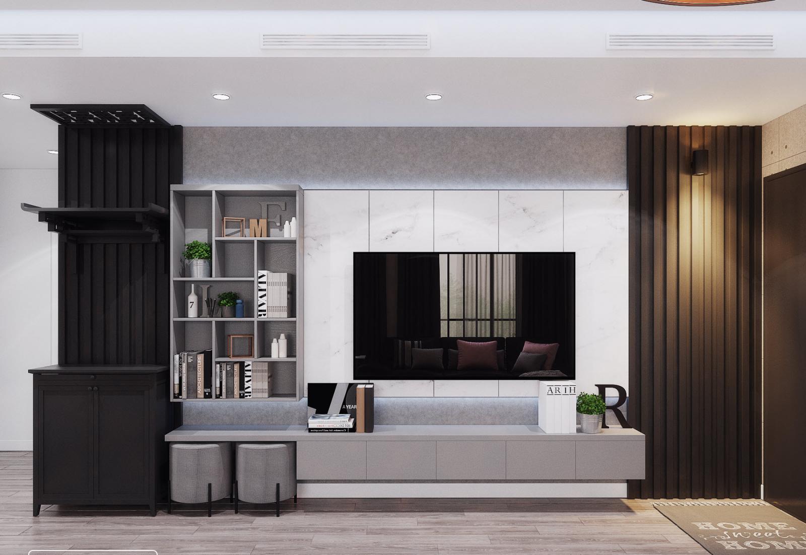 Kh&ocirc;ng gian thờ tự được thiết kế t&iacute;ch hợp gọn g&agrave;ng ngay trong ch&iacute;nh ph&ograve;ng kh&aacute;ch căn hộ.